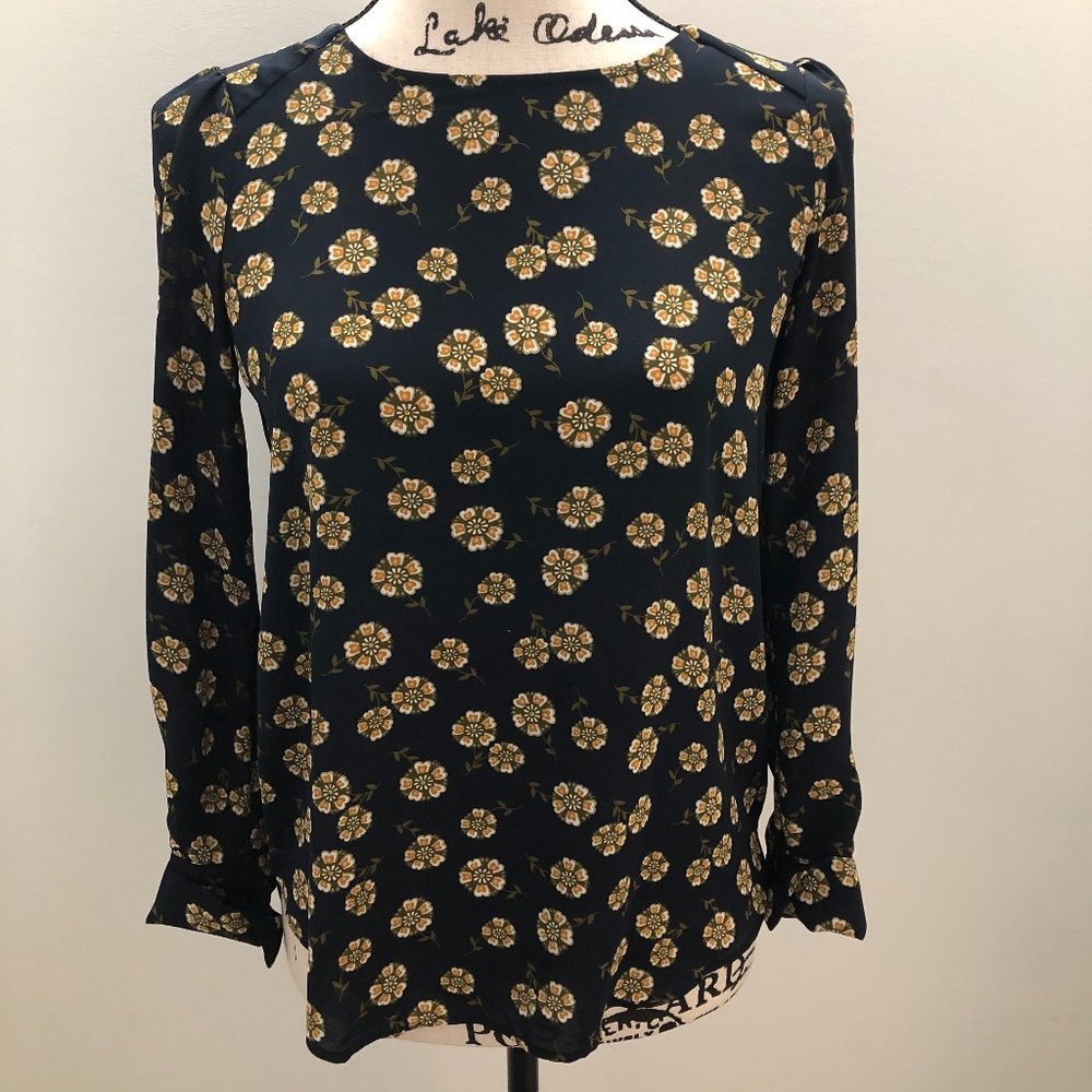 Loft Petites navy gold floral Blouse Size XXSP